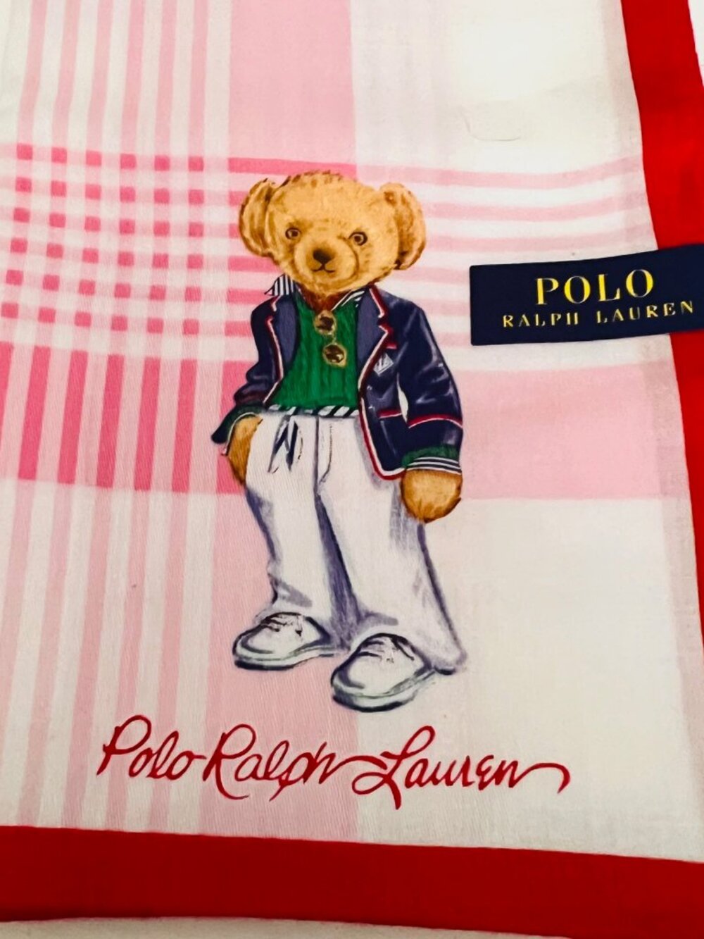 Polo Ralph Lauren Handkerchief /Mini Scarf 19" pink white check with bear(84) - Picture 11 of 14